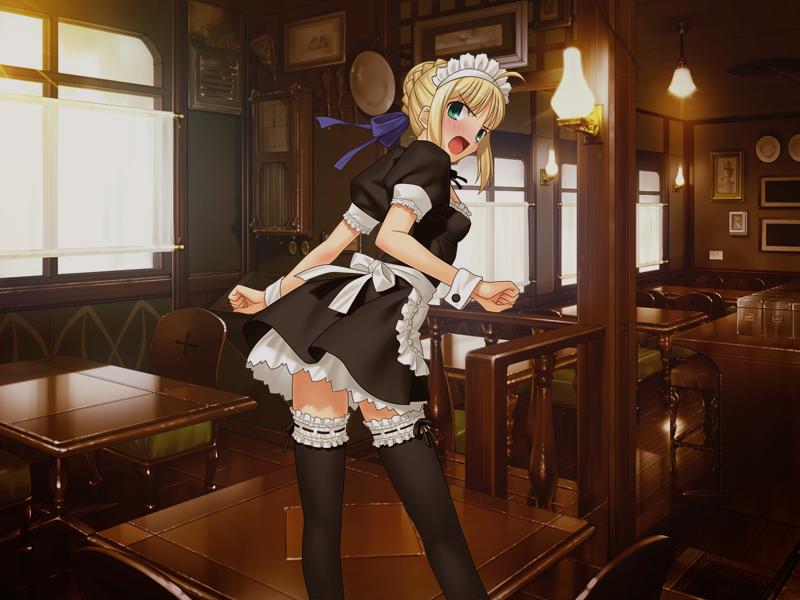 takeuchi takashi, artoria pendragon (fate), saber (fate), fate/hollow ataraxia, fate/stay night, fate (series), game cg, 00s, 1girl, black thighhighs, blonde hair, blush, female focus, frilled thighhighs, frills, green eyes, maid, maid headdress, official alternate costume, solo, thighhighs, zettai ryouiki