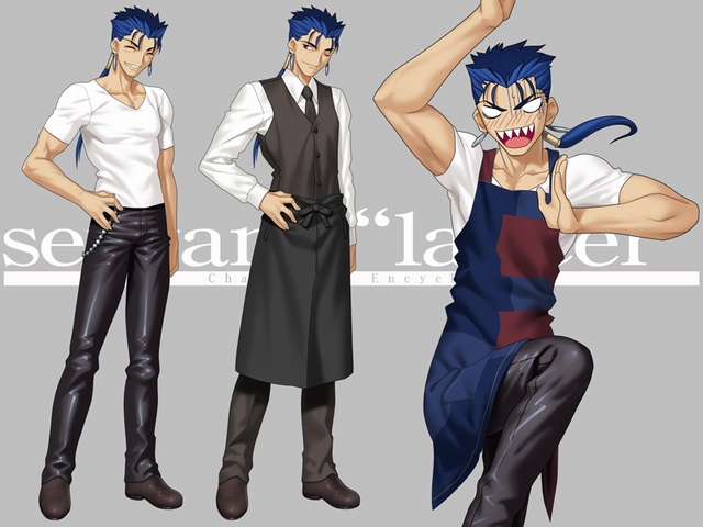 takeuchi takashi, cu chulainn (casual wear) (fate), cu chulainn (fate), cu chulainn (fate/stay night), fate/hollow ataraxia, fate/stay night, fate (series), 00s, 1boy, apron, blush, casual, closed eyes, fangs, male focus, official alternate costume, reference sheet, smile, teeth
