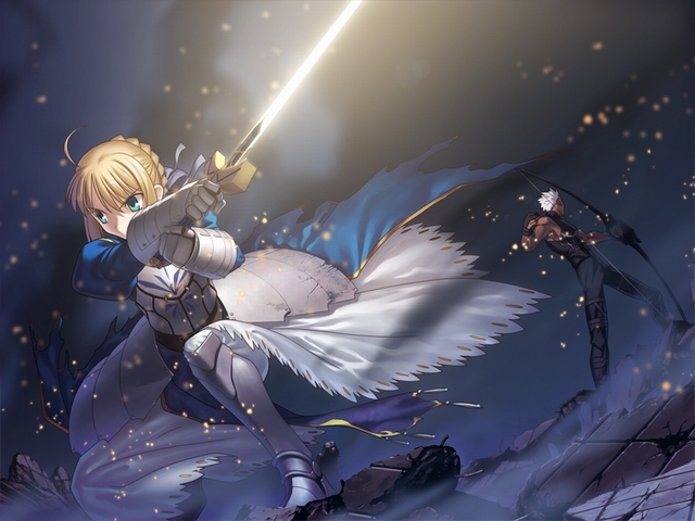 takeuchi takashi, archer (fate), artoria pendragon (fate), saber (fate), fate/hollow ataraxia, fate/stay night, fate (series), type-moon, game cg, 00s, 1boy, 1girl, armor, armored dress, blonde hair, bow (weapon), braid, braided bun, dress, excalibur (fate/stay night), glowing, glowing sword, glowing weapon, hair bun, sword, weapon