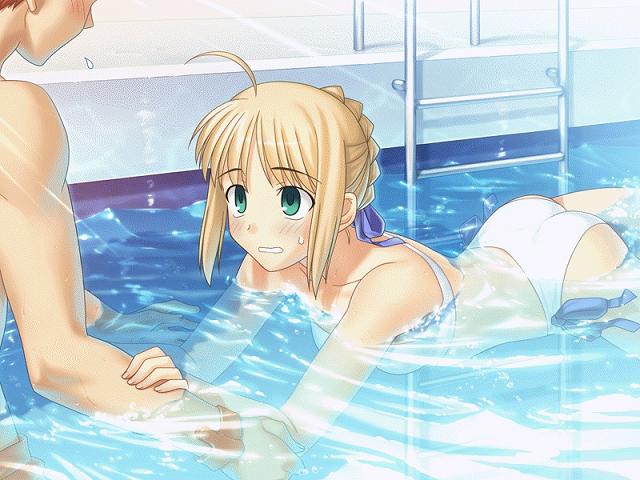 takeuchi takashi, artoria pendragon (fate), emiya shirou, saber (fate), fate/hollow ataraxia, fate/stay night, fate (series), game cg, jpeg artifacts, 00s, 1boy, 1girl, ahoge, ass, bandeau, bikini, blonde hair, blush, caustics, couple, green eyes, hetero, nervous, official alternate costume, partially submerged, pool, pool ladder, poolside, ribbon, sweatdrop, swimming, swimsuit, teaching, white bikini