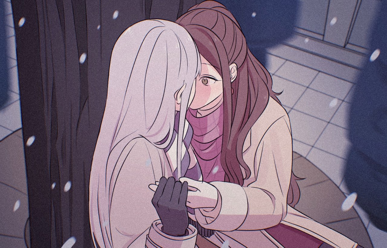 cookie (accountxmix), imai lisa, minato yukina, bang dream!, commentary request, korean commentary, 2girls, black gloves, brown eyes, brown hair, coat, film grain, gloves, grey coat, grey hair, hair over shoulder, hand up, holding hands, kiss, long hair, long sleeves, looking at another, multiple girls, outdoors, pink scarf, scarf, sitting, snowing, striped clothes, striped scarf, surprise kiss, surprised, winter, winter clothes, yuri