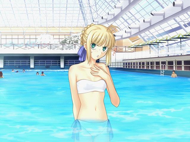 takeuchi takashi, artoria pendragon (fate), saber (fate), fate/hollow ataraxia, fate/stay night, fate (series), game cg, 00s, 1girl, ^^^, ahoge, bandeau, bikini, blonde hair, blush, green eyes, hand on own chest, indoors, navel, official alternate costume, parasol, partially submerged, photo background, pool, pool ladder, railing, solo focus, swimsuit, tachi-e, triangle mouth, umbrella, wading, white bikini