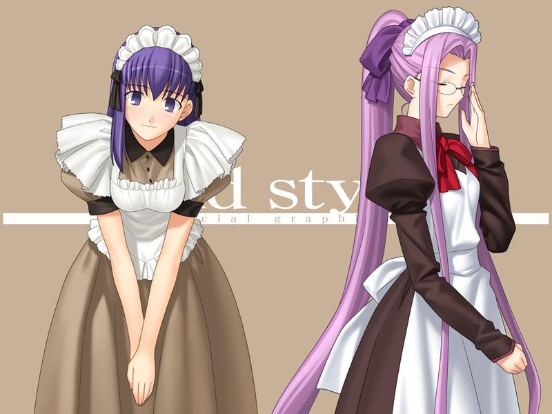 takeuchi takashi, matou sakura, medusa (fate), medusa (rider) (fate), fate/hollow ataraxia, fate/stay night, fate (series), 00s, apron, dress, glasses, long dress, long hair, long skirt, maid, maid apron, official alternate costume, purple eyes, purple hair, skirt, very long hair