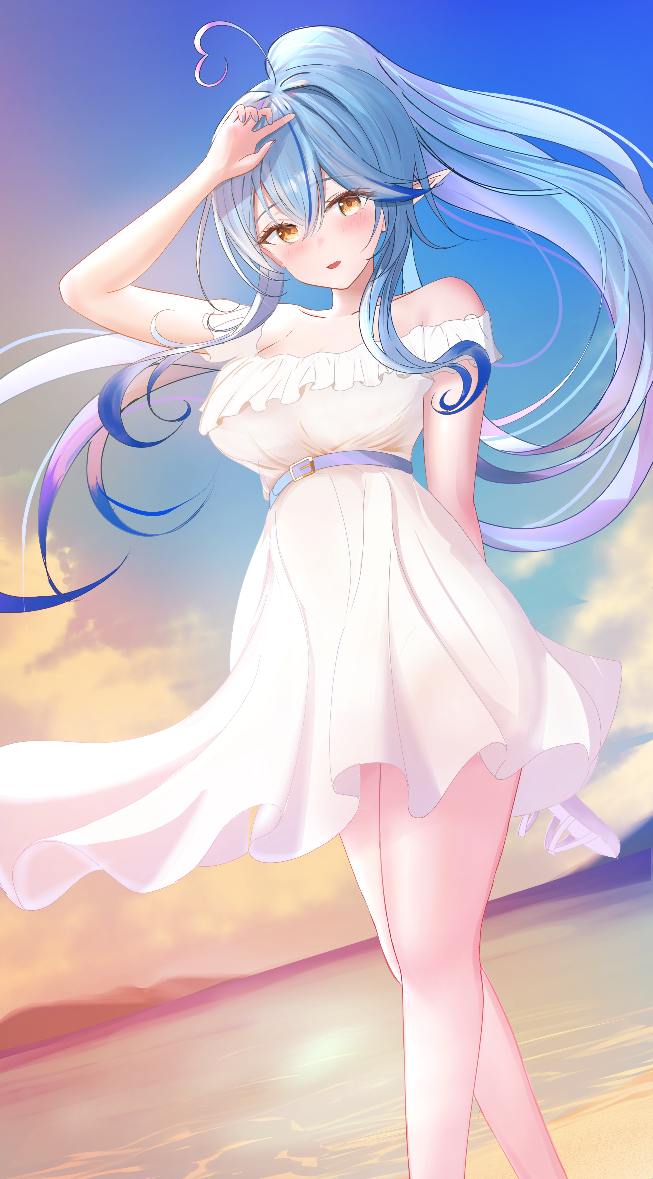 waniwani (wasabiwaniwani), yukihana lamy, yukihana lamy (holonatsu paradise), hololive, holonatsu paradise, absurdres, highres, 1girl, ahoge, bare shoulders, beach, blue hair, blush, breasts, cowboy shot, dress, elf, heart, heart ahoge, high ponytail, multicolored hair, pink hair, pointy ears, ponytail, sand, solo, strapless, strapless dress, streaked hair, sunset, two-tone hair, virtual youtuber, water, white dress, yellow eyes