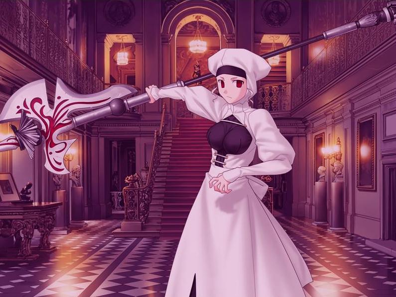 takeuchi takashi, leysritt (fate), sella (fate), fate/hollow ataraxia, fate/stay night, fate (series), game cg, jpeg artifacts, 00s, 1girl, axe, chandelier, drawing (object), dress, female focus, framed breasts, hood, lamp, long dress, painting (object), picture frame, red eyes, solo, stairs, statue, table, tile floor, tiles, warrior, weapon