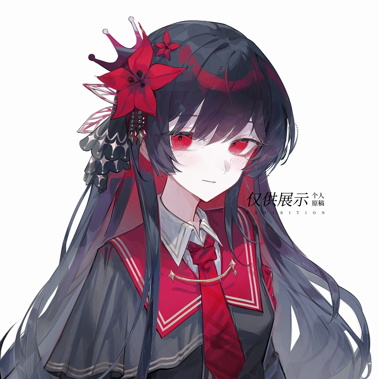 nikaidou hiro, mahou shoujo no majo saiban, artist request, commission, highres, second-party source, 1girl, black capelet, black hair, capelet, closed mouth, collared shirt, crown, flower, hair flower, hair ornament, long hair, looking at viewer, magical girl, necktie, red eyes, red flower, red necktie, shirt, smile, solo, upper body, white background, white shirt