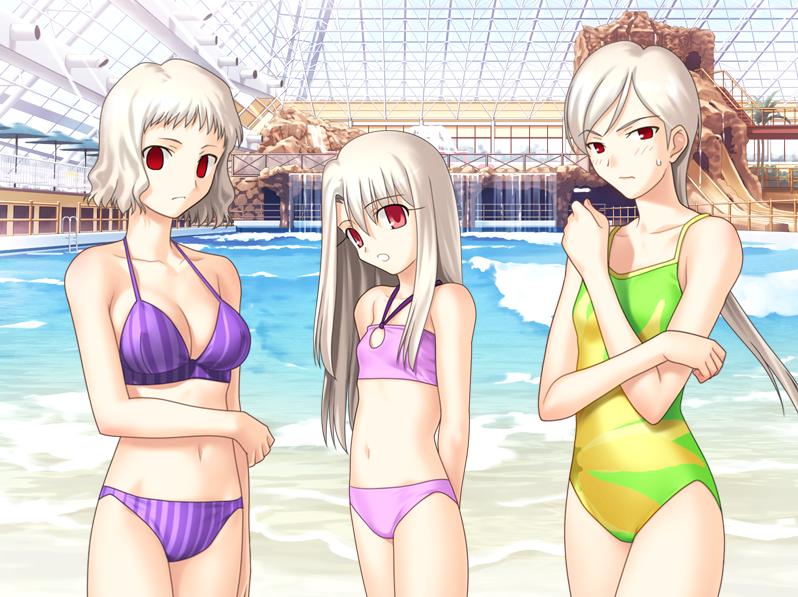 takeuchi takashi, illyasviel von einzbern, leysritt (fate), sella (fate), fate/hollow ataraxia, fate/stay night, fate (series), game cg, 00s, 3girls, :o, albino, arms behind back, bikini, blush, breasts, cleavage, flat chest, halterneck, indoors, large breasts, long hair, looking at viewer, multiple girls, official alternate costume, one-piece swimsuit, photo background, pink bikini, pool, pool ladder, poolside, purple bikini, red eyes, short hair, small breasts, striped bikini, striped clothes, sweatdrop, swimsuit, tachi-e, tankini, vertical-striped bikini, vertical-striped clothes, water slide, waves, white hair
