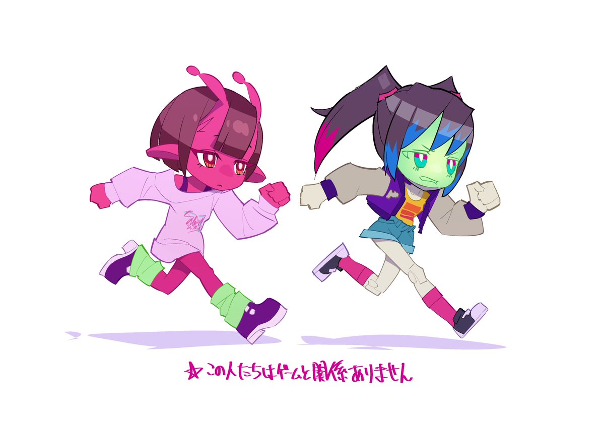 kameyama yohei, kujo chiharu, milky galactic universe, milky highway, muse dash, commentary request, 2girls, alien, android, anime coloring, antennae, bare shoulders, black hair, black shoes, blue hair, blue pants, blunt bangs, bob cut, bra, bright pupils, brown hair, chibi, chibi inset, clenched hands, collared jacket, colored eyelashes, colored skin, colored tips, denim, denim shorts, face filter, full body, green eyes, green hair, green socks, grey sleeves, jacket, kurusu makina (milky galactic universe), letterman jacket, long sleeves, mechanical hands, mechanical legs, mechanical neck, medium hair, multicolored eyes, multicolored hair, multiple girls, neon palette, off-shoulder sweater, off shoulder, open clothes, open jacket, oversized sweater, pants, pink eyes, pink sleeve cuffs, pink sleeves, pink socks, pink sweater, platform shoes, pointy ears, print shirt, print sweater, puffy long sleeves, puffy sleeves, purple bra, purple jacket, purple shoes, purple sleeve cuffs, rectangle print, red eyes, red hair, red skin, running, shadow, shirt, shoes, shorts, simple background, sleeves past wrists, sneakers, socks, star (symbol), streaked hair, sweater, tube socks, twintails, two-tone eyes, underwear, v-shaped eyebrows, white background, white pupils, yellow shirt
