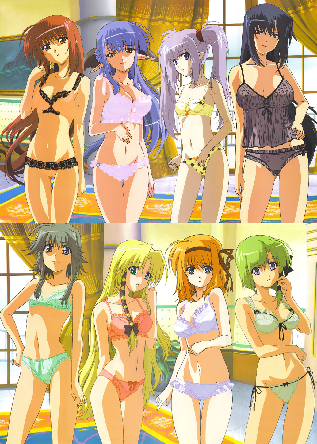hosoda naoto, benibara nadeshiko, fuyou kaede, kareha, lisianthus, mayumi thyme, nerine, primula, shigure asa, shuffle!, highres, official art, scan, stitched, third-party edit, 00s, 6+girls, :o, adjusting hair, age difference, ahoge, animal print, aqua eyes, arm behind back, asymmetrical hair, black hair, blonde hair, blue eyes, blue hair, bow, bow bra, bow panties, bra, breasts, breasts apart, brown eyes, camisole, cat bra, cat panties, cat print, cat print bra, cat print panties, cleavage, clenched hand, closed mouth, clothes writing, contrapposto, covered erect nipples, cowboy shot, curtains, everyone, female focus, flat chest, flipped hair, frilled bra, frilled panties, frills, front-tie top, green bra, green hair, green panties, grey hair, grey panties, grin, groin, hair between eyes, hair bow, hair ribbon, hair tie, hairband, half updo, hand on own hip, head tilt, heterochromia, hip focus, indoors, lace, lace-trimmed bra, lace-trimmed panties, lace trim, large breasts, legs apart, legs together, light smile, lineup, lingerie, lipstick, long hair, long pointy ears, looking at viewer, lowleg, lowleg panties, makeup, matching underwear, mature female, midriff, multiple girls, narrow waist, navel, orange hair, painting (object), pale skin, panties, parted bangs, parted lips, pink bra, pink panties, plant, pointy ears, potted plant, print panties, purple eyes, purple panties, raised eyebrows, red bra, red eyes, red hair, red panties, ribbon, ribbon-trimmed bra, ribbon-trimmed panties, ribbon trim, rug, see-through clothes, short hair, short hair with long locks, side-tie panties, sidelocks, small breasts, smile, standing, thigh gap, thighs, tile floor, tiles, tress ribbon, twintails, underwear, underwear only, very long hair, white bra, white panties, window, yellow bra, yellow panties