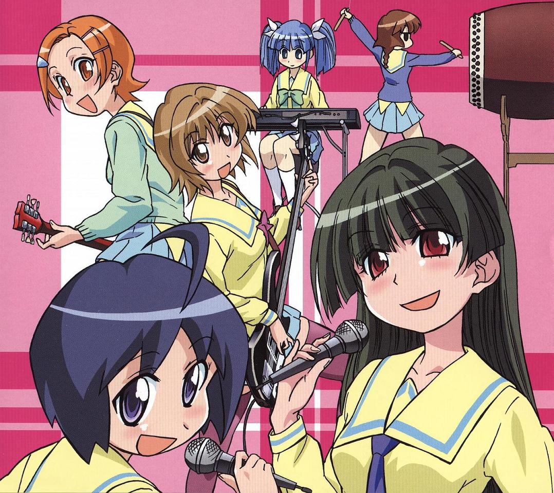 ichijou, katagiri himeko, momose kurumi, suzuki sayaka, tachibana rei, uehara miyako, pani poni dash!, 00s, 6+girls, ahoge, band (music), bass guitar, black hair, blouse, blue eyes, blue hair, blush, braid, brown eyes, brown hair, drum, electric guitar, female focus, guitar, hair ornament, hair ribbon, hairclip, instrument, keyboard, keyboard (instrument), kneehighs, long hair, looking back, microphone, multiple girls, music, orange eyes, orange hair, red eyes, ribbon, school uniform, serafuku, shirt, short hair, short twintails, sitting, skirt, smile, socks, taiko drum, twintails, yellow shirt