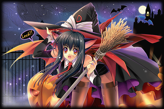 creayus, original, 1girl, animal ears, bat (animal), black hair, broom, brown thighhighs, cape, cat ears, detached sleeves, female focus, halloween, hat, jack-o'-lantern, leaning forward, long hair, moon, necktie, open mouth, outdoors, pumpkin, red eyes, solo, thighhighs, witch, witch hat
