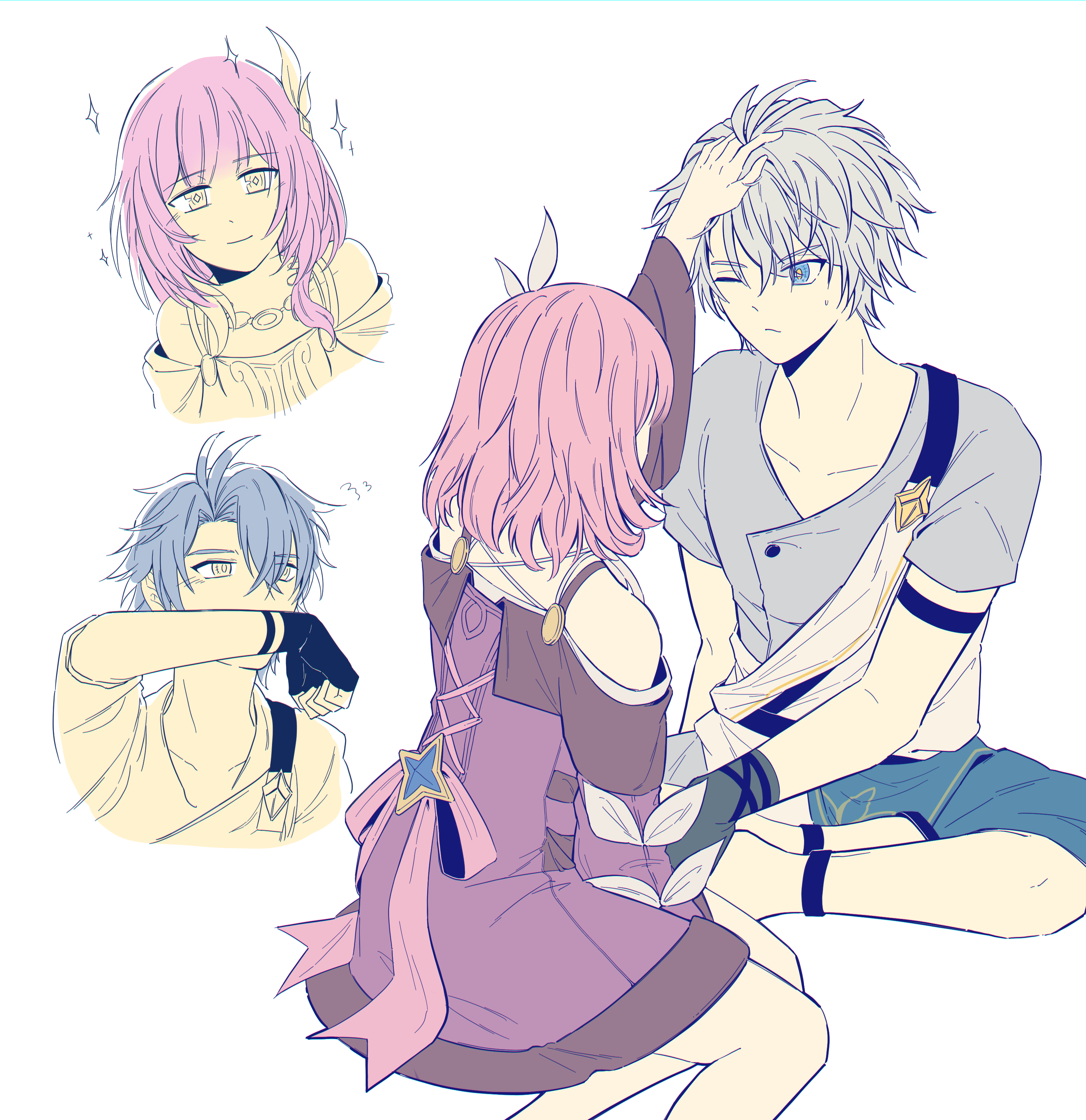 cyrene (honkai: star rail), phainon (a dream scented in wheat) (honkai: star rail), phainon (honkai: star rail), honkai: star rail, honkai (series), absurdres, chinese commentary, commentary request, highres, 1boy, 1girl, black gloves, blue eyes, blue shirt, blue shorts, coat, dress, fingerless gloves, gloves, hair ornament, hand in another's hair, indian style, m211103, multiple views, official alternate costume, one eye closed, pink hair, purple coat, shirt, short hair, shorts, sitting, smile, white hair
