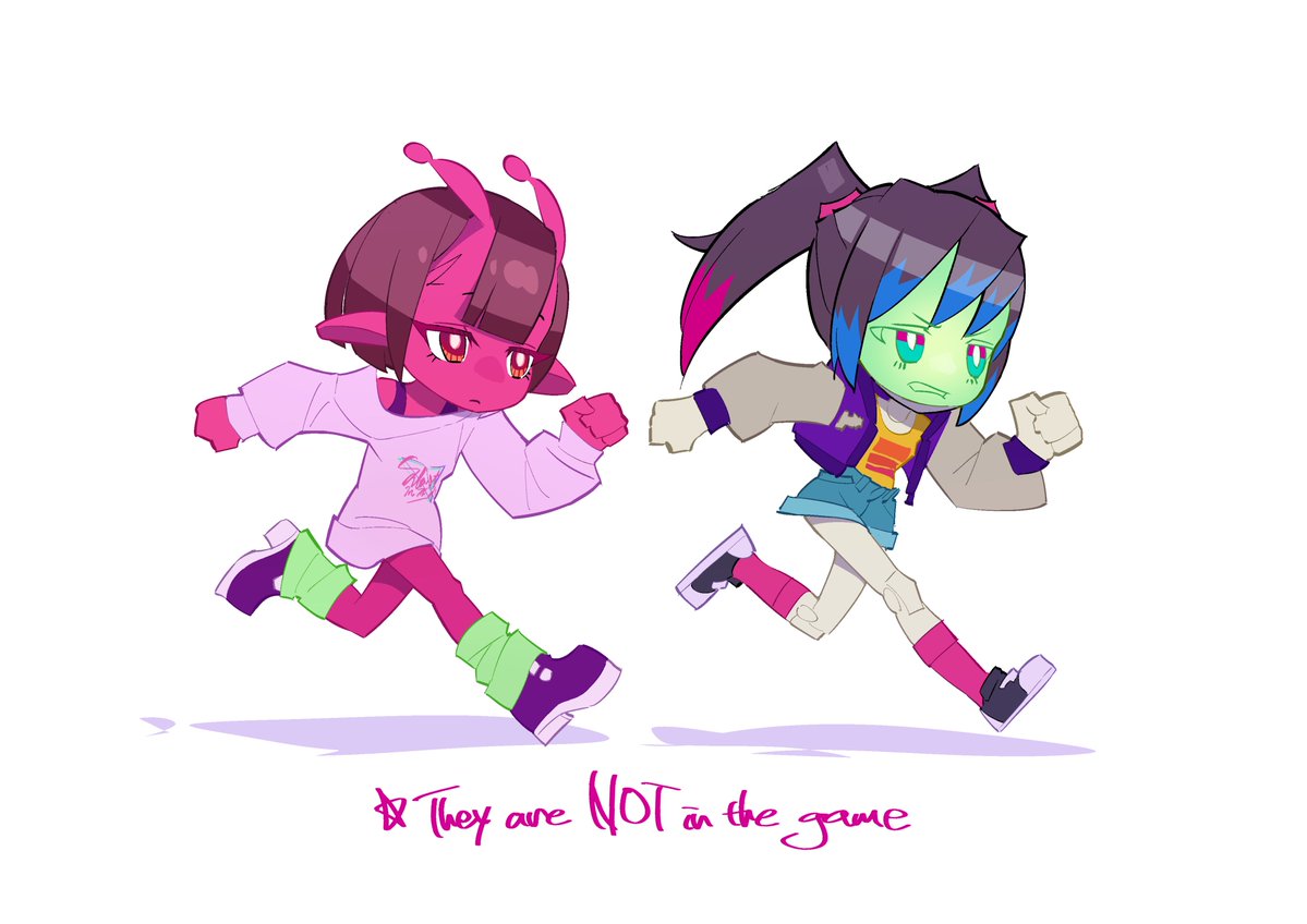 kameyama yohei, kujo chiharu, milky galactic universe, milky highway, muse dash, commentary, english commentary, 2girls, alien, android, anime coloring, antennae, bare shoulders, black hair, black shoes, blue hair, blue pants, blunt bangs, bob cut, bra, bright pupils, brown hair, chibi, chibi inset, clenched hands, collared jacket, colored eyelashes, colored skin, colored tips, denim, denim shorts, english text, face filter, full body, green eyes, green hair, green socks, grey sleeves, jacket, kurusu makina (milky galactic universe), letterman jacket, long sleeves, mechanical hands, mechanical legs, mechanical neck, medium hair, multicolored eyes, multicolored hair, multiple girls, neon palette, off-shoulder sweater, off shoulder, open clothes, open jacket, oversized sweater, pants, pink eyes, pink sleeve cuffs, pink sleeves, pink socks, pink sweater, platform shoes, pointy ears, print shirt, print sweater, puffy long sleeves, puffy sleeves, purple bra, purple jacket, purple shoes, purple sleeve cuffs, rectangle print, red eyes, red hair, red skin, running, shadow, shirt, shoes, shorts, simple background, sleeves past wrists, sneakers, socks, star (symbol), streaked hair, sweater, tube socks, twintails, two-tone eyes, underwear, v-shaped eyebrows, white background, white pupils, yellow shirt