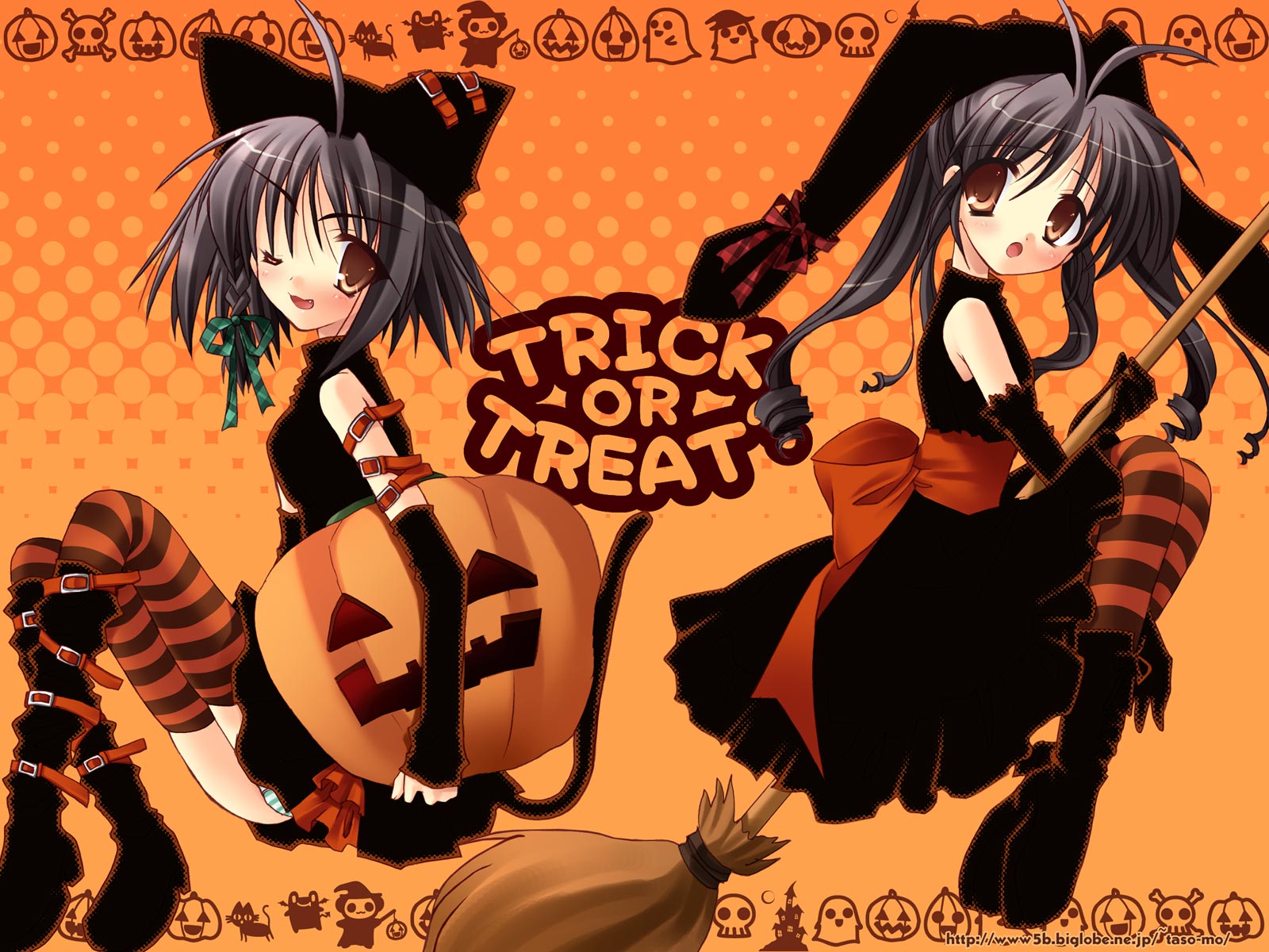 izumi makoto, original, black footwear, striped legwear, highres, 2girls, ahoge, animal hat, antenna hair, back-to-back, black dress, black gloves, black hair, blush, boots, braid, broom, broom riding, brown eyes, buckle, detached sleeves, dress, elbow gloves, fang, gloves, green panties, hair ribbon, halftone, halftone background, halloween, hat, jack-o'-lantern, jester cap, knee boots, long hair, looking at viewer, multiple girls, one eye closed, open mouth, orange background, panties, pantyshot, pumpkin, ribbon, short hair, siblings, side braid, sisters, sitting, striped clothes, striped panties, striped thighhighs, tail, thighhighs, trick or treat, twins, underwear, watermark, web address, wink, witch, witch hat