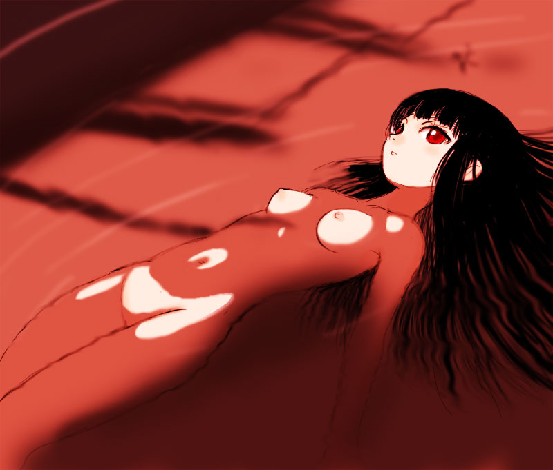 yuuichi (tareme paradise), enma ai, jigoku shoujo, 00s, 1girl, afloat, black hair, blunt bangs, breasts, completely nude, female focus, hime cut, long hair, navel, nipples, nude, partially submerged, pussy, red eyes, red theme, ripples, small breasts, solo, uncensored, water