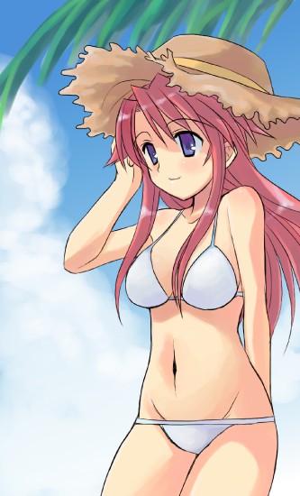 otoutogimi, aty, aty (summon night), summon night, summon night 3, 1girl, adjusting hair, bikini, blue eyes, cloud, cowboy shot, day, female focus, groin, hat, long hair, lowleg, lowleg bikini, pink hair, red hair, smile, solo, straw hat, swimsuit, white bikini