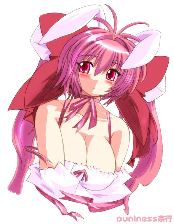 gomamiso (gomamiso sp), usada hikaru, di gi charat, 1girl, :o, animal ears, bare shoulders, blush, bow, breasts, choker, cleavage, dice, female focus, hair bow, large breasts, long hair, pink eyes, pink hair, rabbit ears, ribbon, ribbon choker, simple background, solo, twintails, upper body, white background