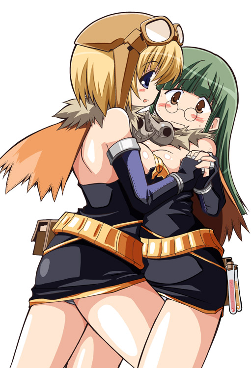 serebi ryousangata, alchemist (ragnarok online), ragnarok online, fur, 2girls, against wall, alchemist, bad anatomy, bad proportions, bare shoulders, belt, between legs, blonde hair, blush, breast press, breasts, cleavage, dress, elbow gloves, fingerless gloves, gloves, goggles, green hair, holding hands, interlocked fingers, large breasts, leg between thighs, long hair, looking at viewer, looking back, multiple girls, panties, pantyshot, poorly drawn, short dress, short hair, simple background, test tube, thighs, underwear, white panties, yuri