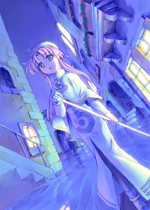 takoyaki (roast), mizunashi akari, aria (manga), 00s, 1girl, :o, dutch angle, female focus, gondola, hair tubes, hat, high collar, long hair, neo-venezia, night, oar, pantyhose, pink hair, short hair with long locks, sidelocks, solo, water