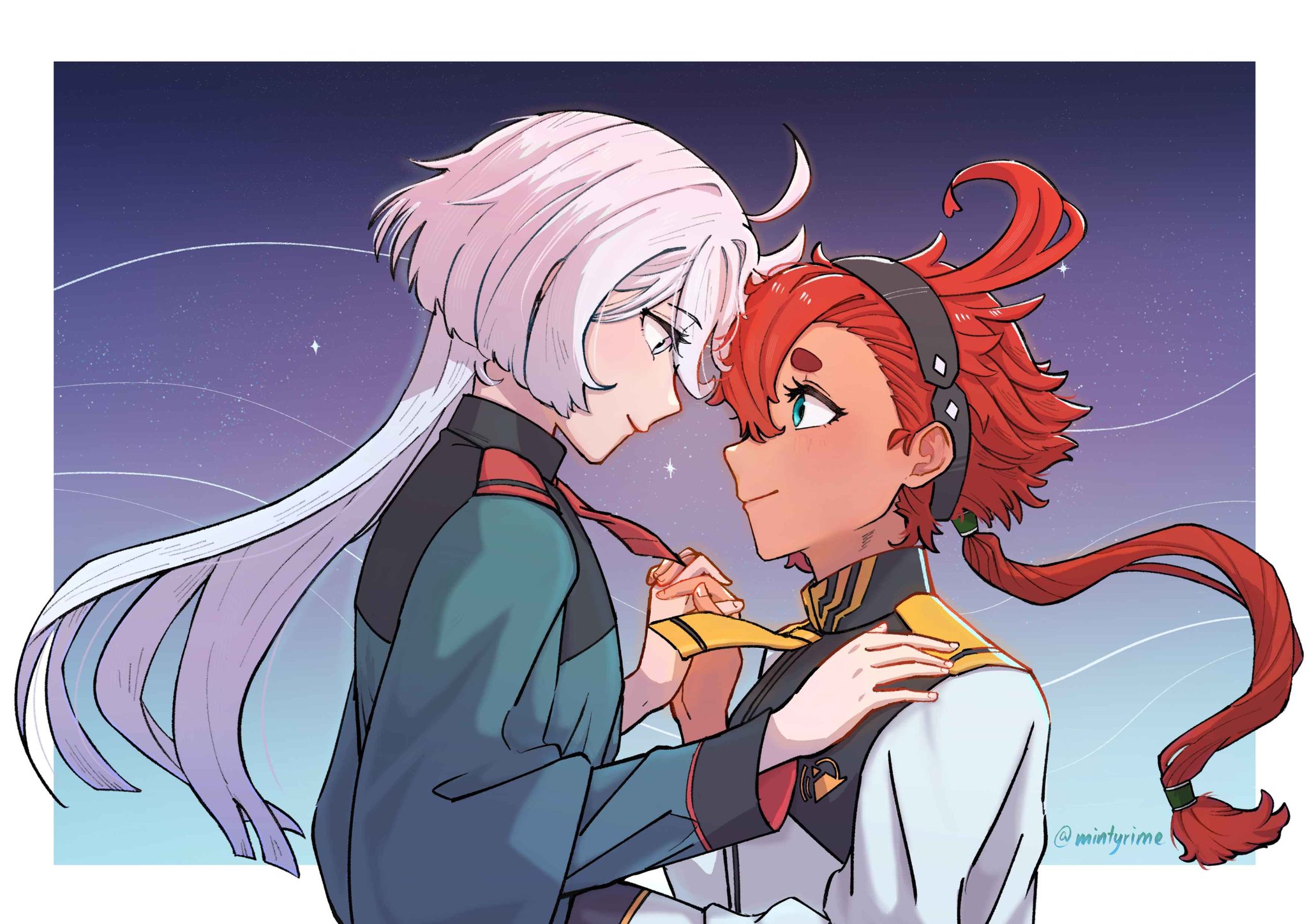 miorine rembran, suletta mercury, gundam, gundam suisei no majo, commentary, english commentary, highres, 2girls, asticassia school uniform, black hairband, blue eyes, closed mouth, green jacket, hairband, hand on another's shoulder, holding hands, interlocked fingers, jacket, long hair, mintyrime, multiple girls, ponytail, red hair, school uniform, smile, star (sky), thick eyebrows, twitter username, upper body, white eyes, white hair, white jacket, yuri