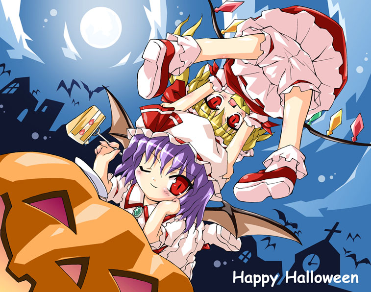 petenshi (dr. vermilion), flandre scarlet, remilia scarlet, touhou, 2girls, bat (animal), bat wings, bloomers, blue background, blush, cake, cake slice, clock, clock tower, cloud, english text, female focus, food, fork, full moon, halloween, happy halloween, hat, jack-o'-lantern, looking at viewer, mob cap, moon, multiple girls, night, night sky, one eye closed, open mouth, pumpkin, red eyes, siblings, sisters, sky, smile, strawberry shortcake, tower, underwear, white bloomers, wings