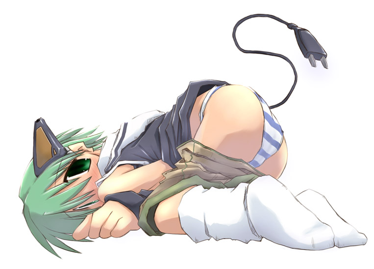 sakaki (noi-gren), 1girl, animal ears, ass, blue panties, blush, cat ears, clothes pull, electric plug, female focus, green eyes, green hair, matching hair/eyes, panties, school uniform, serafuku, shirt, short hair, shorts, shorts pull, socks, solo, striped clothes, striped panties, top-down bottom-up, underwear