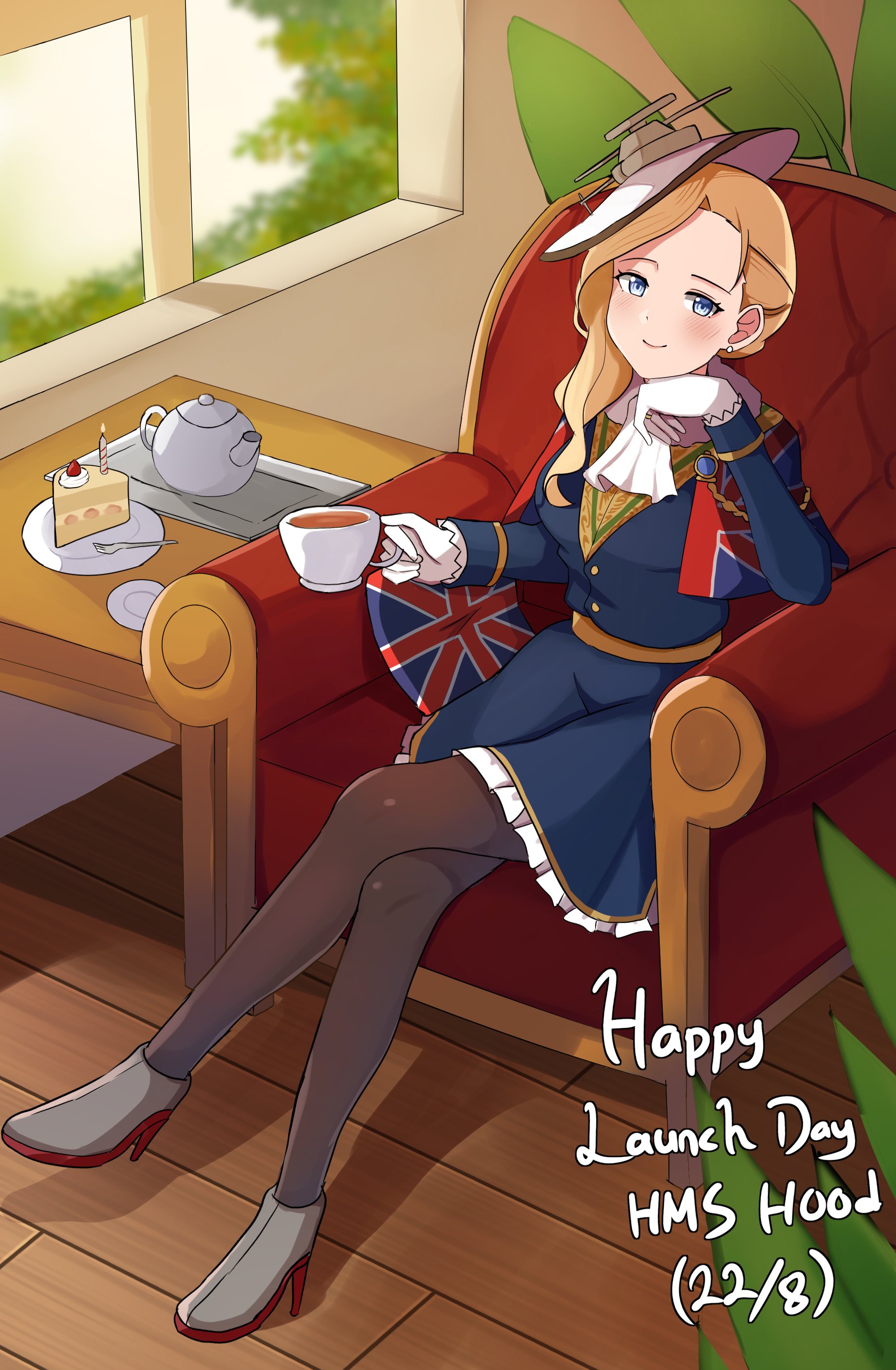 erushira, hood (azur lane), azur lane, absurdres, commission, highres, vgen commission, 1girl, ankle boots, blonde hair, blue capelet, blue dress, blue eyes, blush, boots, breasts, brown pantyhose, cake, cake slice, candle, capelet, chair, cup, dress, earrings, food, fork, full body, gloves, grey boots, happy birthday, hat, head rest, high heel boots, high heels, holding, holding cup, indoors, jewelry, long hair, looking at viewer, pantyhose, pillow, plant, plate, sitting, smile, solo, table, teacup, union jack, white gloves, white hat, window