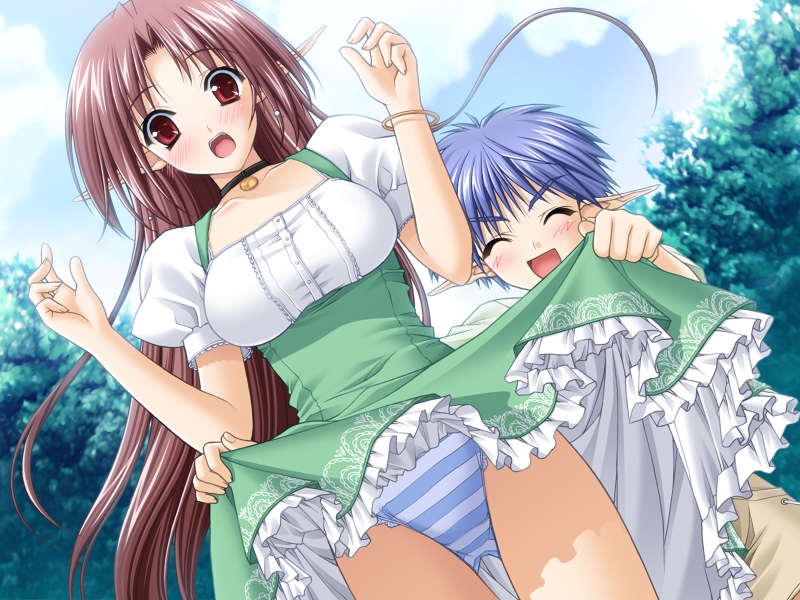 cineraria, masato, masato (navel), shuffle!, tick! tack!, game cg, 00s, 1boy, 1girl, blouse, blue hair, blue panties, blush, brown hair, choker, closed eyes, clothes lift, dress, dress lift, elf, green dress, lace, lace-trimmed panties, lace trim, lingerie, long hair, panties, petticoat, pointy ears, red eyes, shirt, short hair, shota, skirt, skirt lift, striped clothes, striped panties, teenage girl and younger boy, underwear, upskirt, waitress