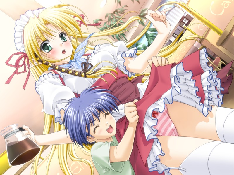 suzuhira hiro, kareha, masato, masato (navel), shuffle!, game cg, 00s, 1boy, 1girl, blonde hair, bow, bow panties, clothes lift, coffee, dress, dress lift, dutch angle, elf, frills, garter straps, green eyes, hetero, lingerie, long hair, maid, maid headdress, panties, petticoat, pink panties, pointy ears, shota, standing, striped clothes, striped panties, teenage girl and younger boy, thighhighs, underwear, very long hair, waitress, white thighhighs