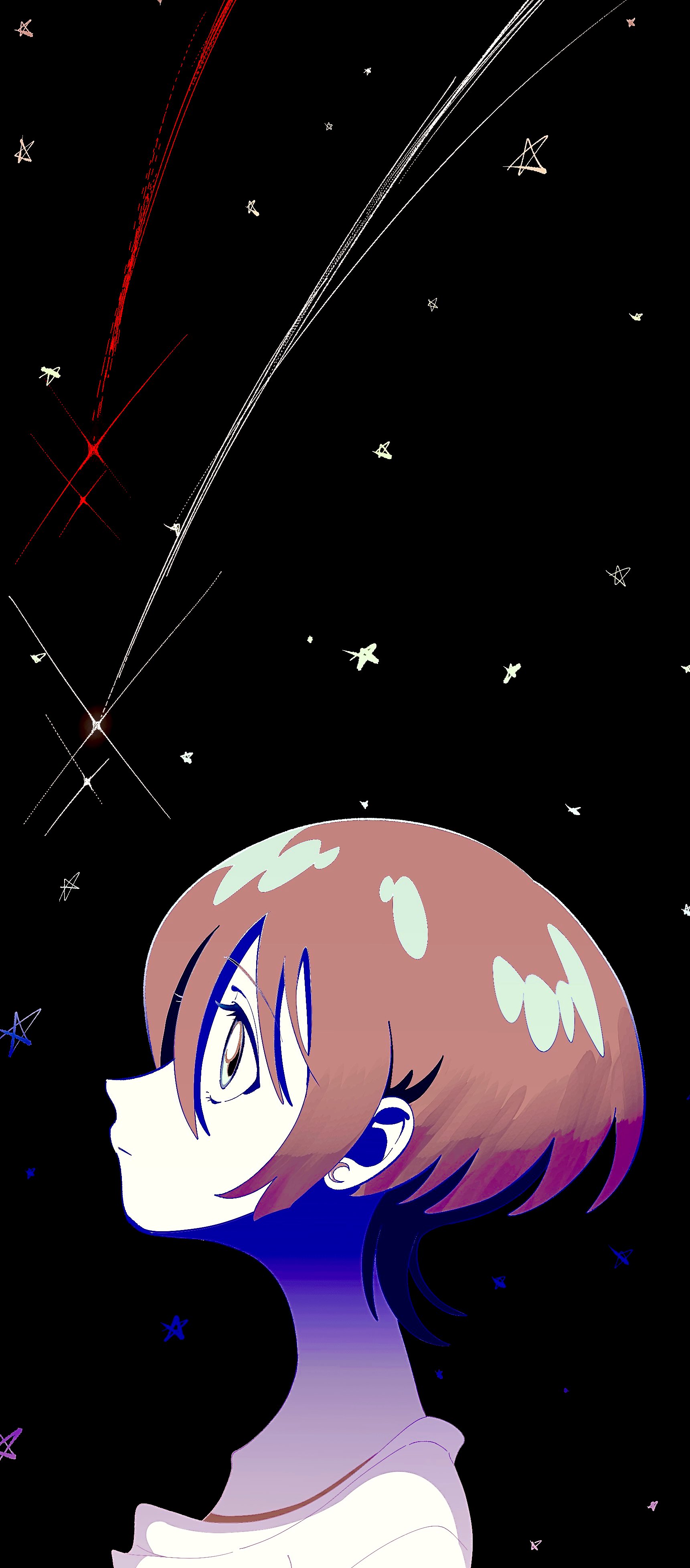 euph0ria 105, amate yuzuriha, gundam, gundam gquuuuuux, absurdres, highres, 1girl, aqua eyes, black background, crescent, crescent earrings, earrings, eyelashes, from side, jewelry, looking up, multicolored hair, red hair, shirt, shooting star, short hair, solo, star (symbol), star symbol background, t-shirt, two-tone hair, white shirt