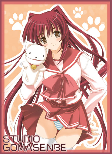 goma satoshi, kousaka tamaki, to heart (series), to heart 2, 00s, 1girl, blue panties, blush, brown eyes, female focus, long hair, miniskirt, panties, pantyshot, pleated skirt, puppet, red hair, school uniform, serafuku, skirt, solo, standing, striped clothes, striped panties, thigh gap, thighhighs, thighs, underwear, white thighhighs, zettai ryouiki