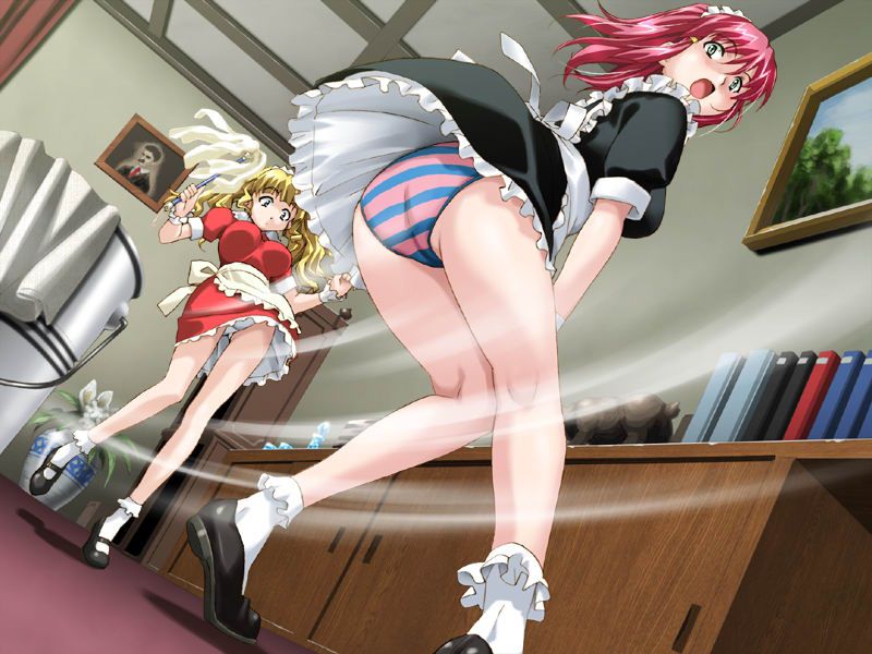 happoubi jin, iihara nao, tsukushino mitsugu, boin, boin lecture, framed, white legwear, game cg, jpeg artifacts, 00s, 2girls, apron, arms between legs, ass, between legs, blonde hair, blush, bobby socks, book, breasts, bucket, ceiling, cleaning rag, closed mouth, drawing (object), duster, dutch angle, embarrassed, floor, flower, frilled apron, frilled skirt, frilled socks, frills, from below, green eyes, hairband, hands between legs, head turn, indoors, large breasts, leaning forward, long hair, looking down, looking to the side, maid, maid apron, maid headdress, mary janes, multi-colored panties, multicolored panties, multiple girls, open mouth, panties, pantyshot, picture frame, pink hair, red hair, room, shoes, short sleeves, skirt, skirt push, skirt tug, socks, standing, standing on one leg, striped clothes, striped panties, surprised, tongue, twintails, underwear, upskirt, vase, white panties, wide-eyed, wind, wind lift, wrist cuffs