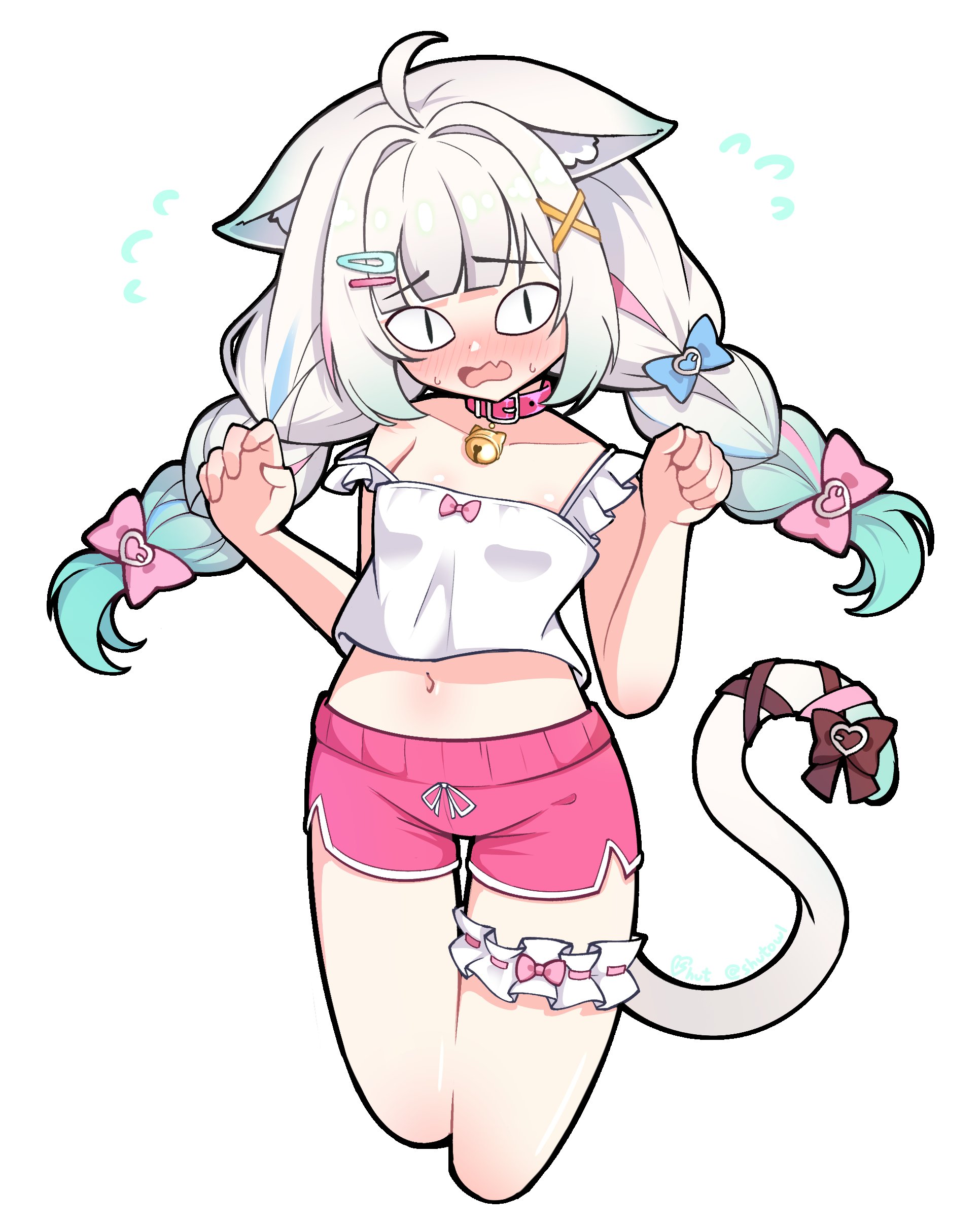 shutowl, mint fantome, wisps (mint fantome), indie virtual youtuber, absurdres, highres, <|> <|>, 1girl, ahoge, animal ear fluff, animal ears, bell, blue bow, blue eyes, blunt bangs, blush, bow, braid, camisole, cat ears, cat girl, claw pose, collar, cowboy shot, dolphin shorts, embarrassed, fang, frilled camisole, frilled thigh strap, frills, gradient hair, green hair, hair bow, hair ornament, low twin braids, midriff, multicolored hair, navel, neck bell, official alternate costume, official alternate hairstyle, open mouth, pink bow, pink collar, pink shorts, short shorts, shorts, sidelocks, single off shoulder, skin fang, slit pupils, solo, strap slip, thigh strap, twin braids, virtual youtuber, white background, white hair, wide sleeves, x hair ornament