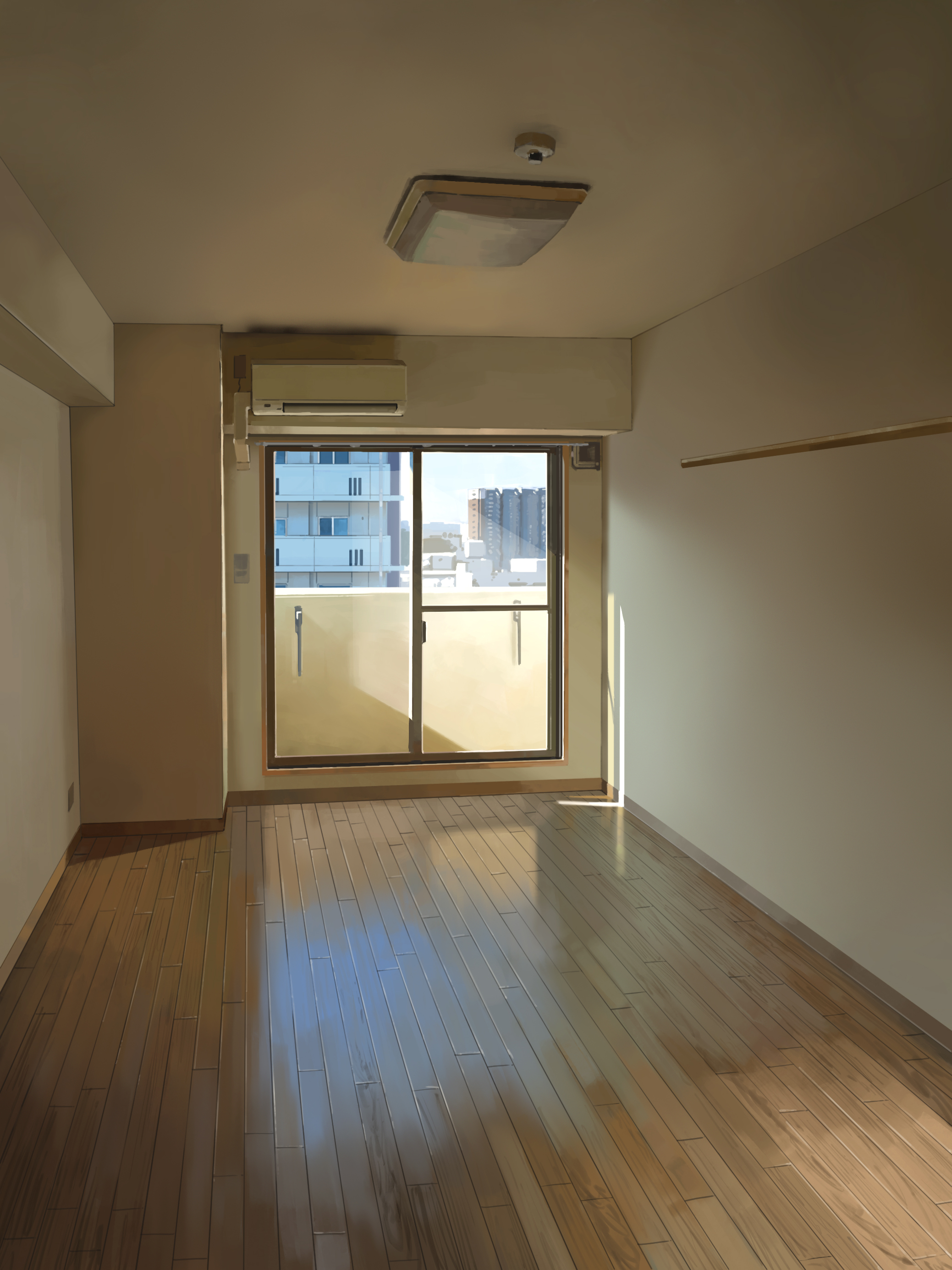 karasu (hageabura-jr), original, absurdres, highres, air conditioner, apartment, balcony, building, city, day, glass door, indoors, no humans, scenery, shadow, sunlight, wooden floor