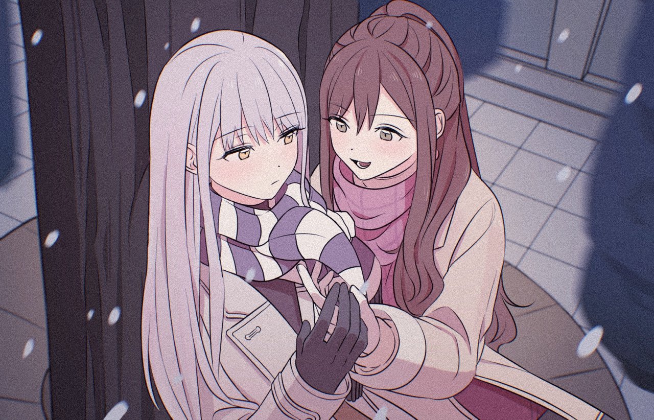 cookie (accountxmix), imai lisa, minato yukina, bang dream!, commentary request, korean commentary, 2girls, adjusting another's clothes, black gloves, black shirt, brown eyes, brown hair, choppy bangs, closed mouth, coat, dot nose, double-parted bangs, expressionless, film grain, gloves, grey coat, grey hair, hair over shoulder, hand up, long hair, long sleeves, looking ahead, looking at another, multiple girls, open mouth, outdoors, pink scarf, scarf, shirt, sitting, smile, snowing, striped clothes, striped scarf, winter, winter clothes, yellow eyes