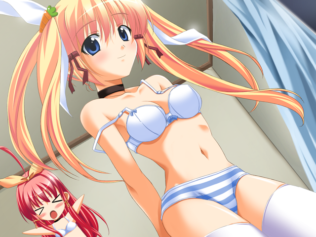 souryuu (double dragon), ichinose mai, ichinose uta, papikon, game cg, > <, 2girls, ahoge, blonde hair, blue eyes, blue panties, blush, bra, carrot, choker, closed eyes, dutch angle, lingerie, long hair, midriff, multiple girls, panties, pink hair, ribbon, siblings, sisters, smile, strap slip, striped clothes, striped panties, thighhighs, twintails, underwear, underwear only, white bra, white thighhighs