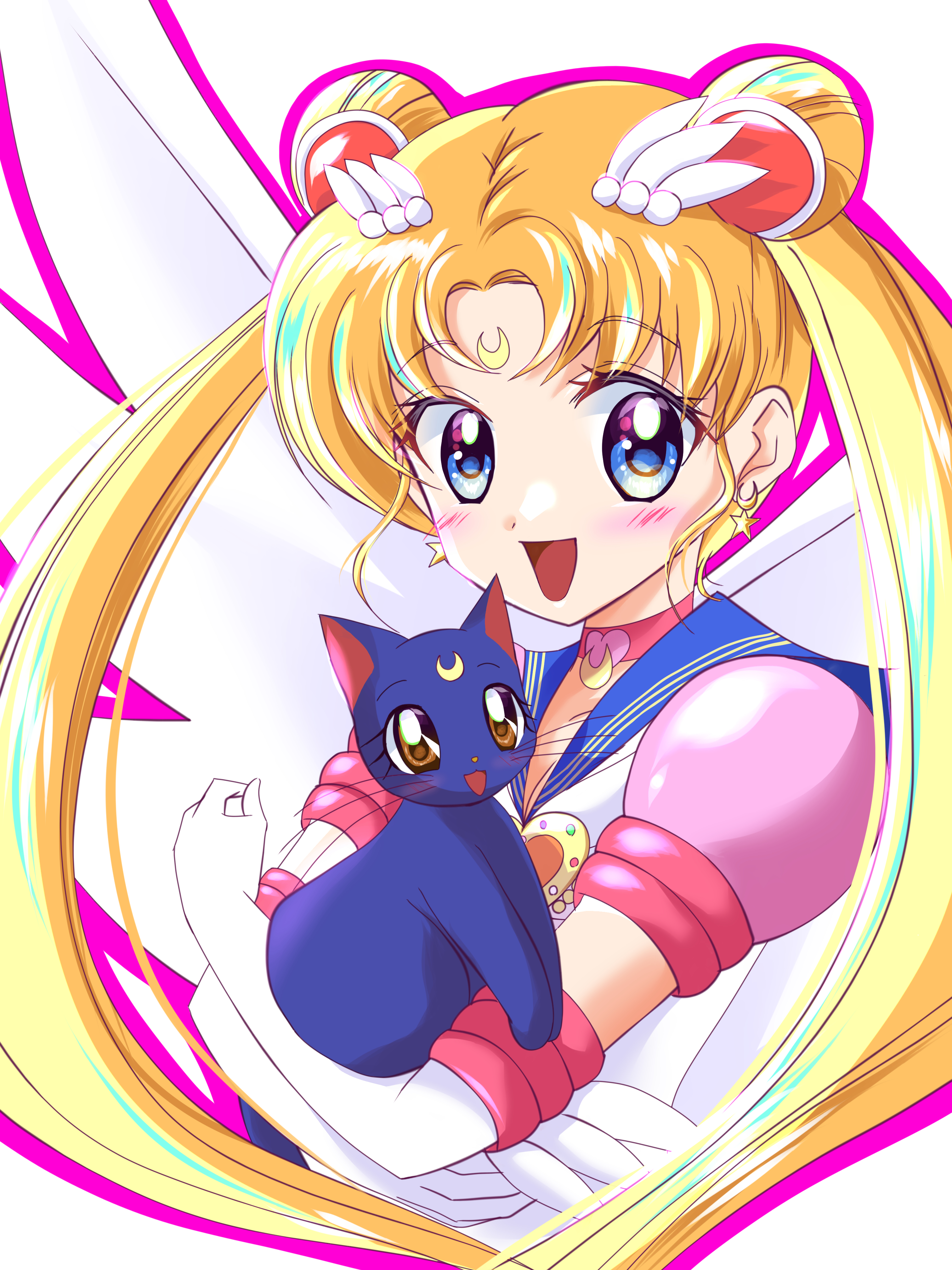 eternal sailor moon, luna (sailor moon), sailor moon, tsukino usagi, bishoujo senshi sailor moon, absurdres, highres, 1girl, blonde hair, blue sailor collar, blush, cat, choker, crescent, crescent earrings, crescent facial mark, earrings, elbow gloves, facial mark, gloves, hair ornament, jewelry, parted bangs, pink sleeves, puffy short sleeves, puffy sleeves, sailor collar, school uniform, serafuku, short sleeves, smile, twintails, user wnug5873, white gloves