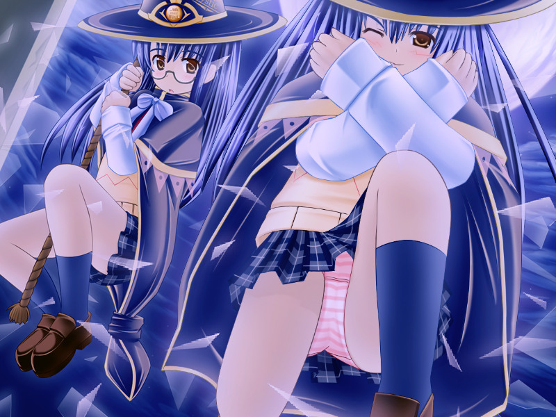 usaginezumi, fujitani lime, fujitani mint, futa majo, game cg, 2girls, broken glass, glass, glasses, loli, multiple girls, panties, striped clothes, striped panties, underwear, witch