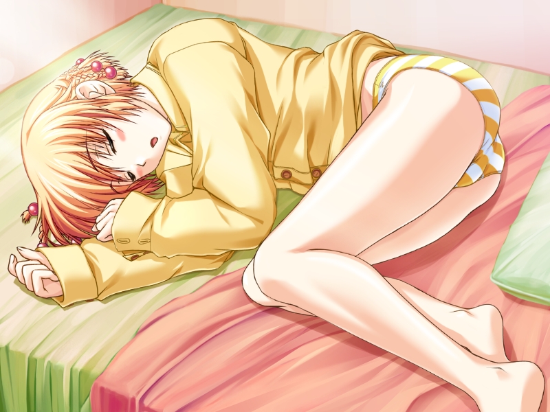 shironeko sanbou, kanisawa kinu, tsuyokiss, game cg, 1girl, ass, bed, blouse, bottomless, female focus, fetal position, long legs, lying, no pants, on side, pajamas, panties, shirt, sleeping, solo, striped clothes, striped panties, underwear, yellow panties
