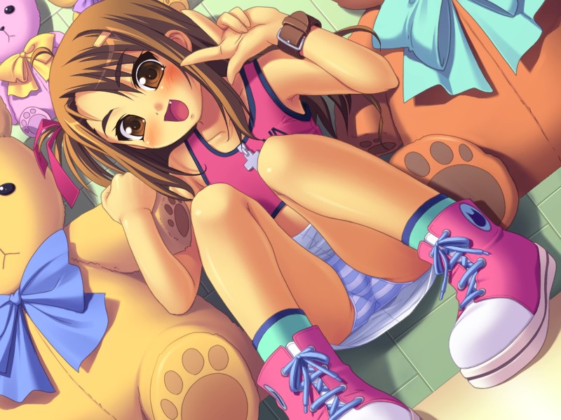 nonohara miki, kamiki mia, shishunki, game cg, 1girl, blush, brown eyes, brown hair, female focus, loli, long hair, open mouth, panties, pink shoes, shoes, sitting, skirt, smile, solo, striped clothes, striped panties, stuffed animal, stuffed toy, underwear, upskirt, v, w, wrist belt
