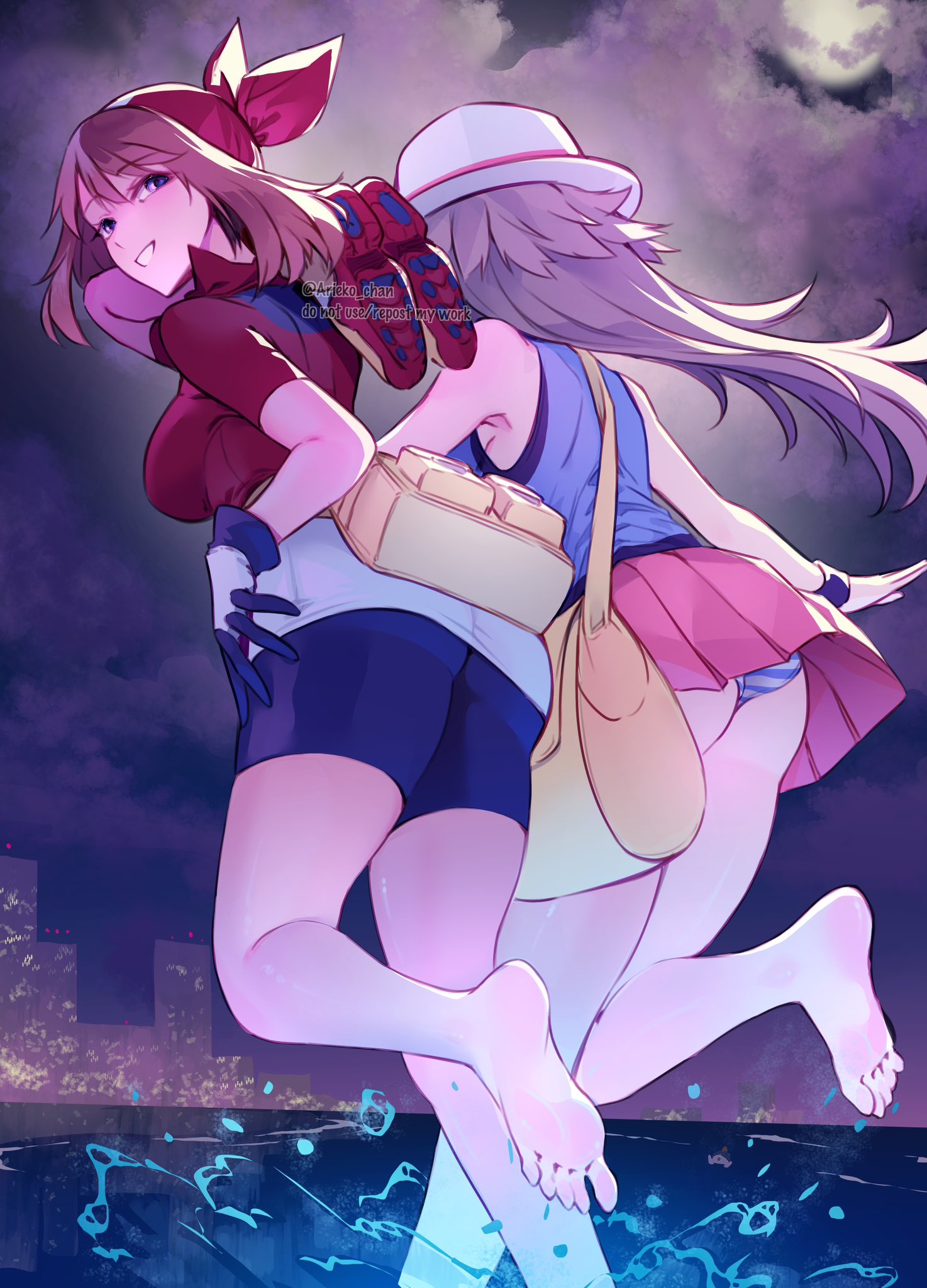 ariekochan, leaf (pokemon), may (pokemon), ralts, nintendo, pokemon, pokemon frlg, pokemon rse, highres, 2girls, alternate color, ass, bandana, barefoot, bike shorts, bike shorts under shorts, blue eyes, blush, breasts, brown hair, gen 3 pokemon, hat, holding, long hair, looking at viewer, multiple girls, night, night sky, ocean, open mouth, outdoors, panties, pokemon (creature), porkpie hat, red bandana, red shirt, red skirt, shiny pokemon, shirt, short hair, shorts, shorts under shorts, skirt, sky, sleeveless, sleeveless shirt, smile, teeth, underwear, water, white hat, wristband, yellow bag
