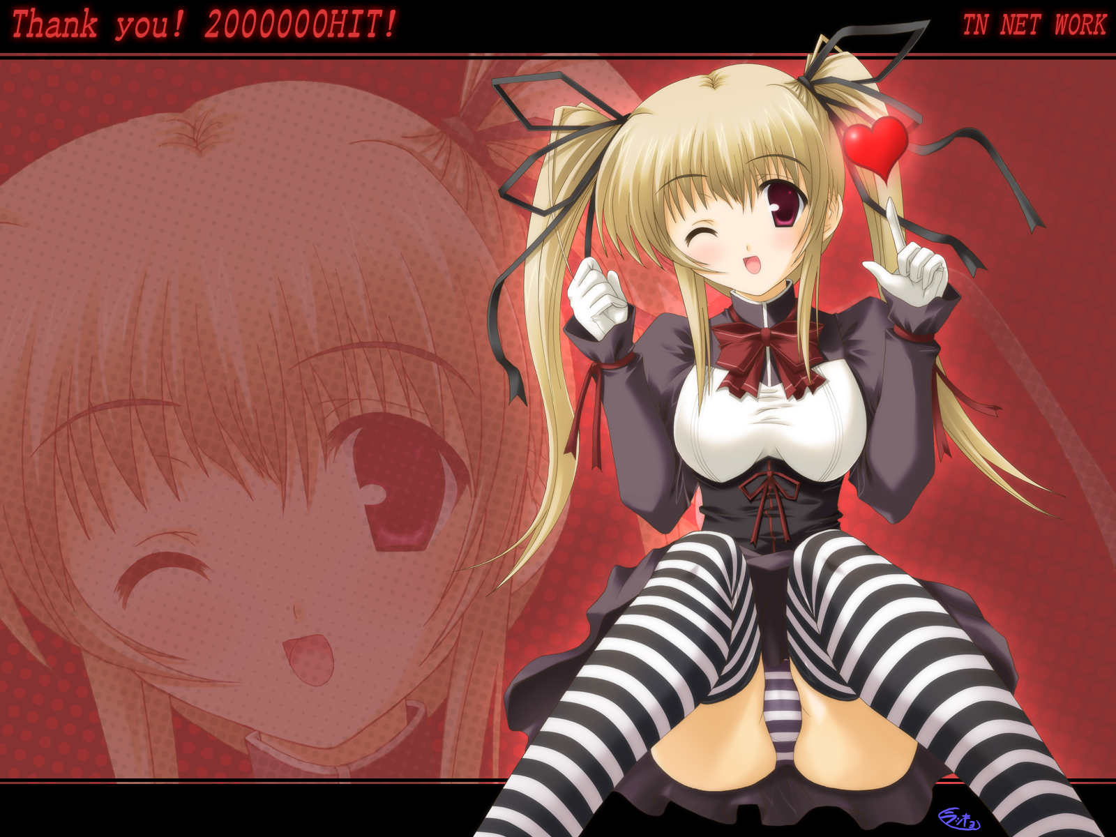rakkyo, highres, 1girl, black dress, black panties, blush, bow, bowtie, brown eyes, brown hair, dress, female focus, gloves, hair ribbon, heart, milestone celebration, one eye closed, panties, pantyshot, ribbon, sitting, solo, striped clothes, striped panties, striped thighhighs, thighhighs, twintails, underwear, upskirt, white gloves, wink, zoom layer