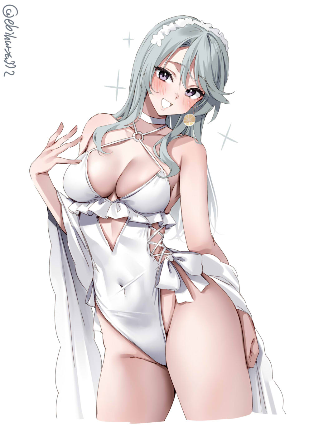 ebifurya, sagiri (kancolle), sagiri (swimsuit) (kancolle), kantai collection, commentary request, highres, 1girl, artist name, bare shoulders, blue eyes, blush, breasts, casual one-piece swimsuit, choker, cleavage, clothing cutout, collarbone, contrapposto, covered navel, cropped legs, cutout above navel, frilled one-piece swimsuit, frills, grey hair, hair between eyes, hand up, head tilt, highleg, highleg one-piece swimsuit, large breasts, long hair, looking at viewer, o-ring, o-ring swimsuit, one-hour drawing challenge, one-piece swimsuit, parted bangs, sidelocks, simple background, smile, solo, swimsuit, thighs, twitter username, white background, white choker, white one-piece swimsuit