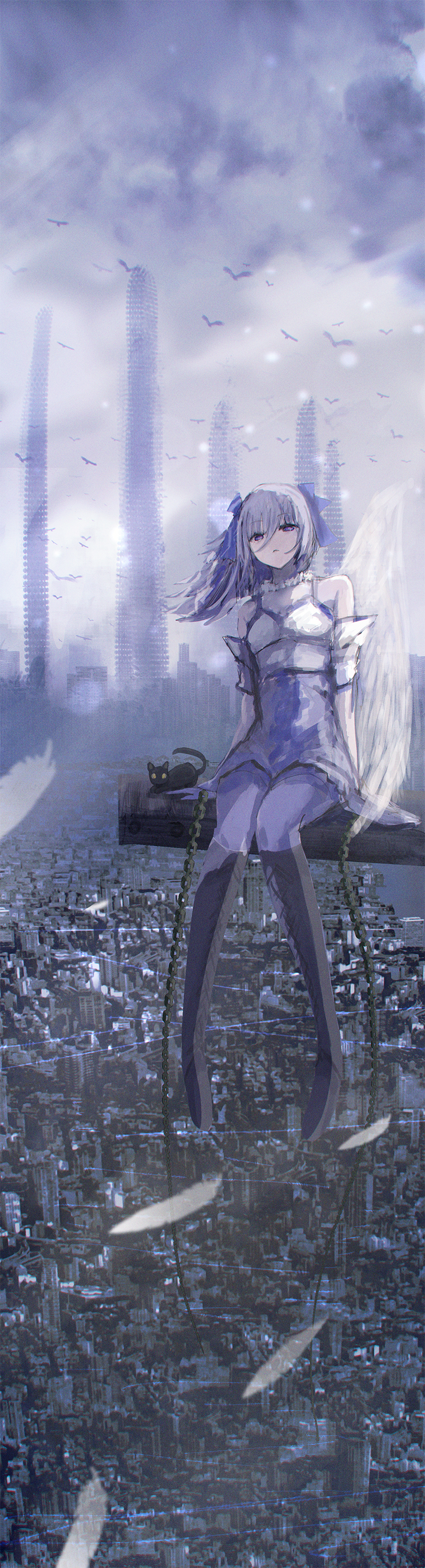 michikusaboushi (p o q), original, absurdres, highres, 1girl, arm support, arms at sides, bare shoulders, bird, black boots, blue bow, boots, bow, building, cat, chain, cityscape, dress, expressionless, floating hair, full body, grey dress, grey hair, hair between eyes, hair bow, high up, knee boots, knees together feet apart, long hair, looking at viewer, muted color, purple eyes, scenery, sitting, skyscraper, solo, steel beam, white dress, wide shot, wind