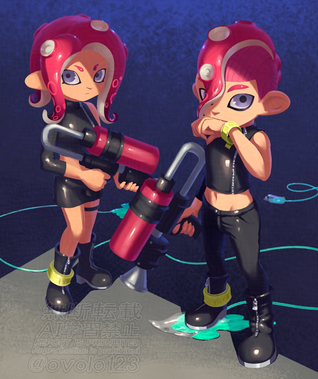 ovolo123, agent 8 (splatoon), nintendo, splatoon (series), splatoon 2, splatoon 2: octo expansion, commentary request, highres, korean commentary, 1boy, 1girl, black boots, black pants, black skirt, boots, closed mouth, grey eyes, long hair, looking at viewer, midriff, miniskirt, navel, octo shot (splatoon), octoling, pants, red hair, skirt, standing, tentacle hair, watermark