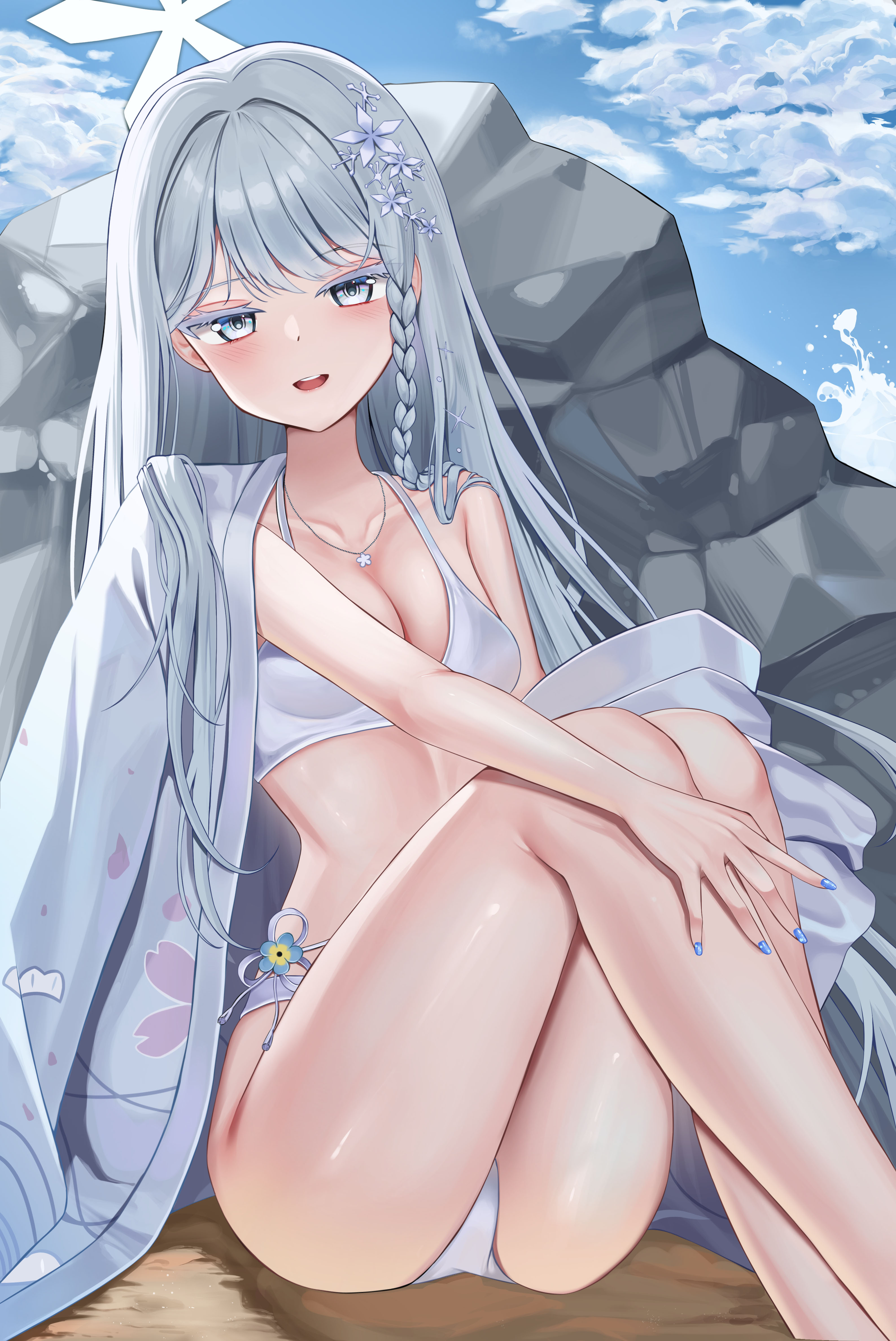 chanpower233, nagusa (blue archive), nagusa (swimsuit) (blue archive), blue archive, absurdres, commentary, highres, 1girl, bare shoulders, beach, bikini, blue eyes, blue sky, blush, braid, braided sidelock, breasts, cleavage, cloud, collarbone, feet out of frame, hair ornament, halo, haori, japanese clothes, jewelry, knees up, legs, long hair, looking at viewer, medium breasts, necklace, ocean, official alternate costume, on ground, open mouth, outdoors, print haori, rock, single bare shoulder, single braid, sitting, sky, smile, snowflake hair ornament, solo, splashing, swimsuit, teeth, thighs, upper teeth only, very long hair, white bikini, white hair, white halo, white haori
