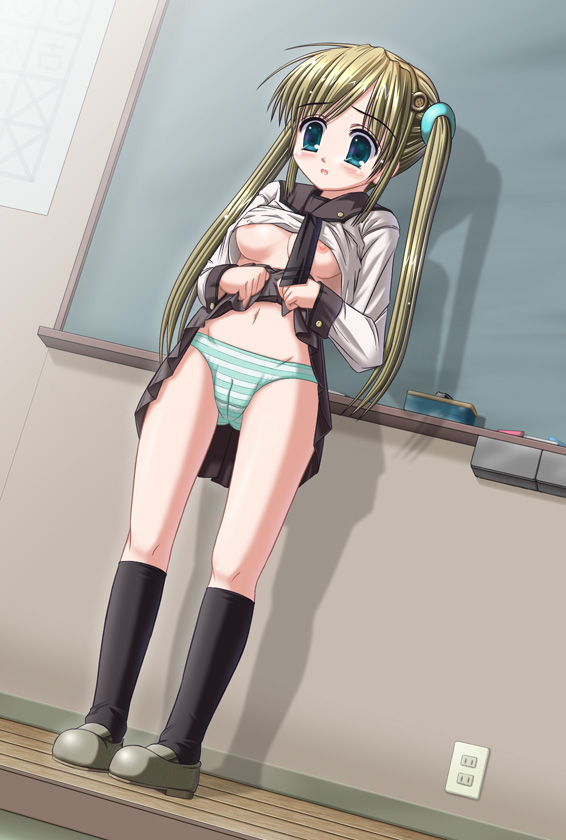 ibe (modakan), original, md5 mismatch, 1girl, black socks, blue eyes, breasts, brown hair, cameltoe, clothes lift, dutch angle, electrical outlet, female focus, green panties, kneehighs, lifting own clothes, long hair, nipples, panties, school uniform, serafuku, shirt lift, shoes, skirt, skirt lift, socks, solo, standing, striped clothes, striped panties, twintails, underboob, underwear, upskirt