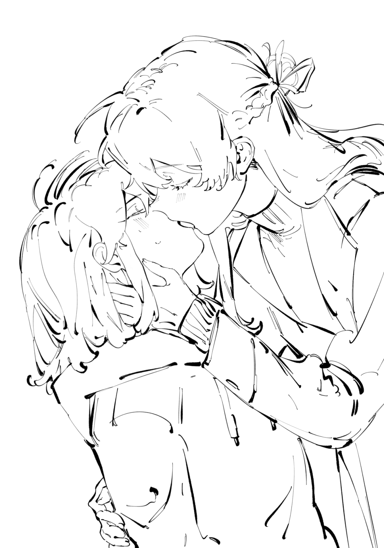 akmizuk, miyagi shiori, sendai hazuki, shuuniichido classmate wo kau hanashi, commentary, commission, english commentary, highres, second-party source, 2girls, blush, braid, closed eyes, french kiss, greyscale, half up braid, hand on another's back, hand on another's neck, hood, hoodie, kiss, long hair, long sleeves, medium hair, monochrome, multiple girls, sweat, sweater, yuri
