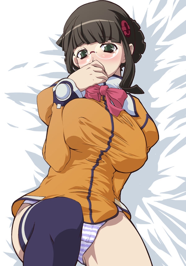 fujisawa yayoi, fujisawa yayoi (uchuu no stellvia), uchuu no stellvia, third-party source, 00s, 1girl, black thighhighs, blouse, blue panties, bow, breasts, brown eyes, brown hair, covered erect nipples, donut hair bun, female focus, glasses, hair bun, lace, lace-trimmed panties, lace trim, large breasts, leg lift, lying, no pants, on back, orange shirt, panties, pantyshot, pink bow, shirt, sitting, solo, striped clothes, striped panties, thighhighs, underwear