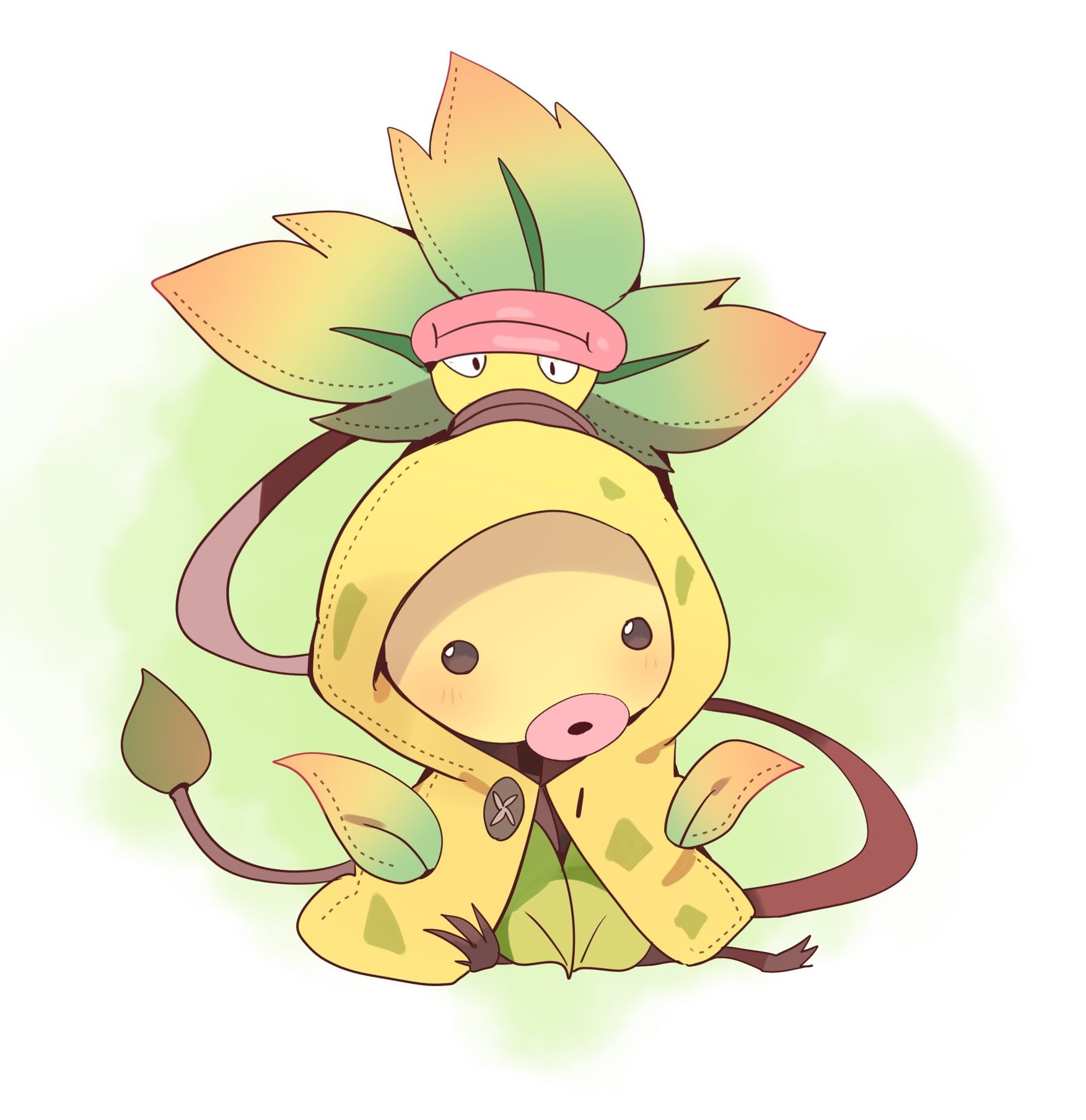 yupo 0322, bellsprout, mega victreebel, nintendo, pokemon, commentary, commentary request, highres, black eyes, character hood, clothed pokemon, colored skin, full body, gen 1 pokemon, invisible chair, leaf, no humans, pokemon (creature), pokemon focus, sitting, yellow skin